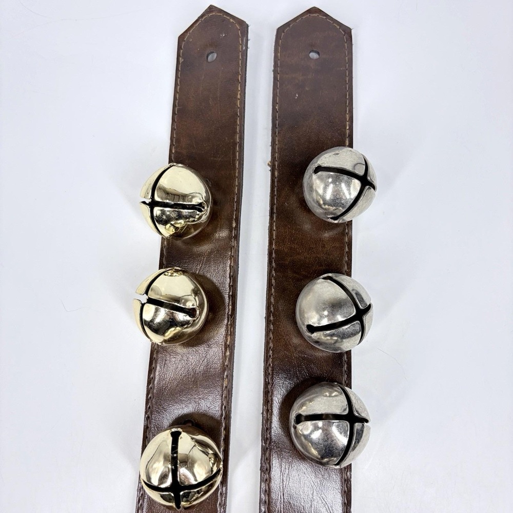 Vintage Sleigh Bells Brown Leather Straps Gold Silver Jingle Bells 2pk - Picture 4 of 10